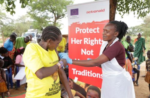 A nurse from Moruita H/C II vaccinated an expected mother during mobile health clinic in Locholi Villag in Moruita sub county Nakapiripirit district